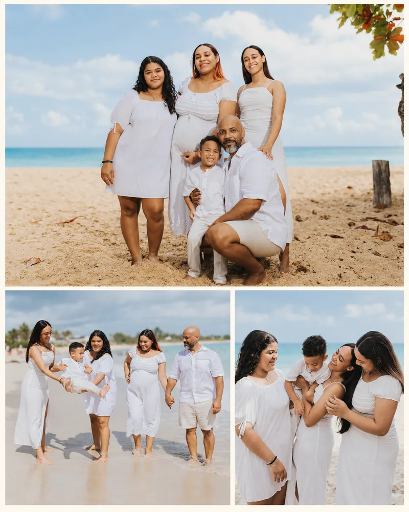 Family beach photography collage in Punta Cana with parents and children