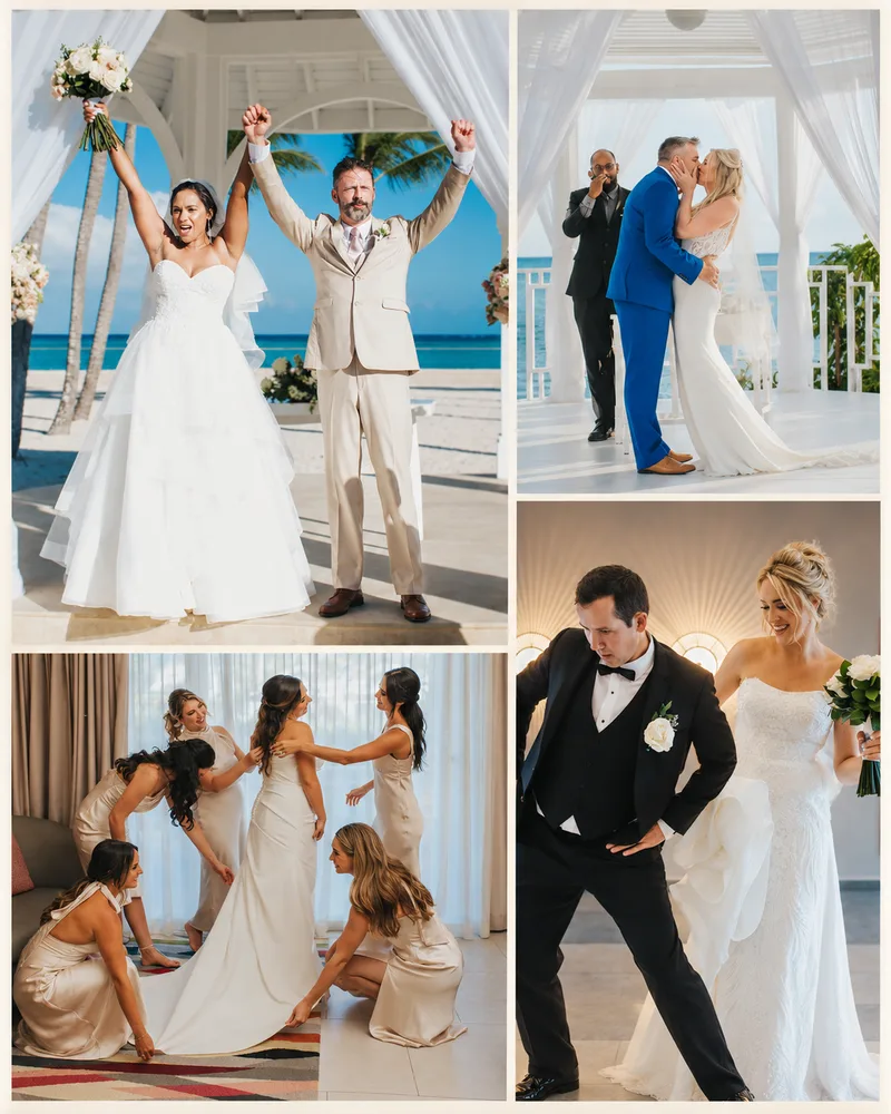 Destination wedding photography collage with beach ceremony and getting ready moments in Punta Cana